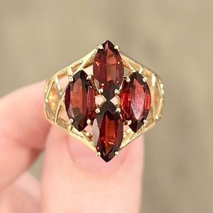 14K Garnet Marquise red natural cluster flower filigree thick yellow gold ring